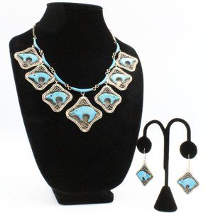 Stamped Derrick Cadman Navajo Sterling Silver Bear Inlaid Turquoise Necklace Set